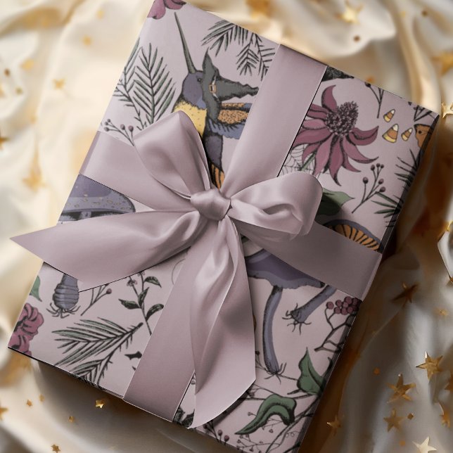 Papier Cadeau Plum Éffrayant Enchanted Hummingbird Garden (Hand-drawn Illustration in Black Ink. Spooky and Enchanted Hummingbird Garden with Halloween Details)