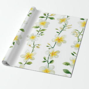 Papier Cadeau Plumeria Vert Blanc Hawaï Frangipanier Tropical