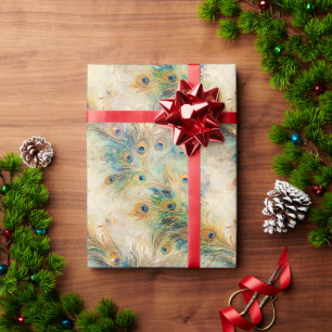 Papier Cadeau Plumes Aqua Green Gold Peacock