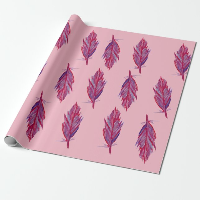 Papier Cadeau Plumes Aquarelle Papier d'enveloppement rouge rose (Déroulé)