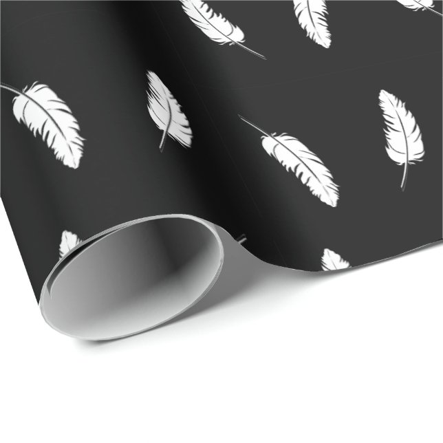 Papier Cadeau Plumes blanches sur noir (Coin rond)