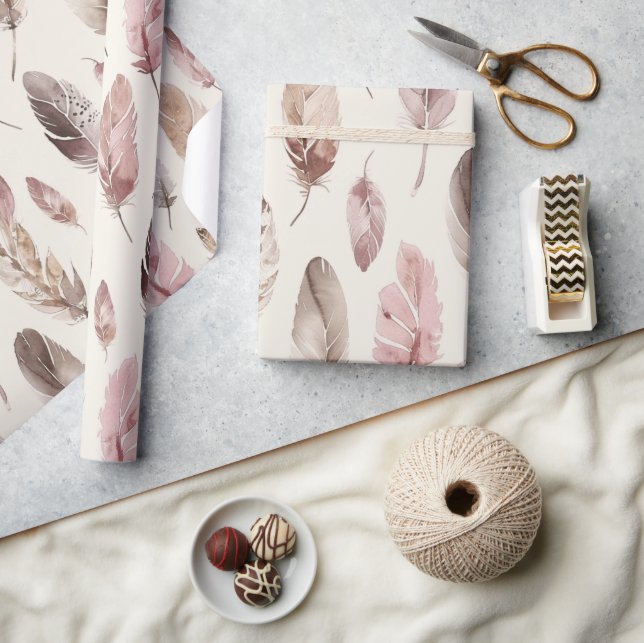 Papier Cadeau Plumes Brown roses Anniversaire (Artisanat)