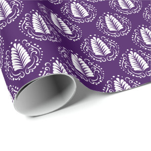 Papier Cadeau Plumes de Damas stylisées blanches et violettes