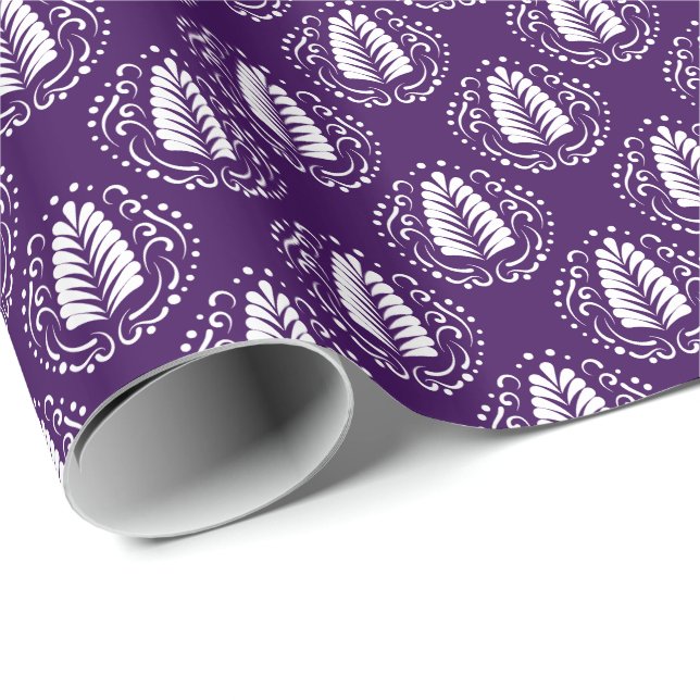 Papier Cadeau Plumes de Damas stylisées blanches et violettes (Coin rond)