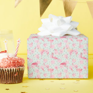 Papier Cadeau Plumes de Flamant rose sur Pois