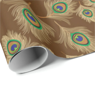 Papier Cadeau Plumes de paon beige au chocolat Brown