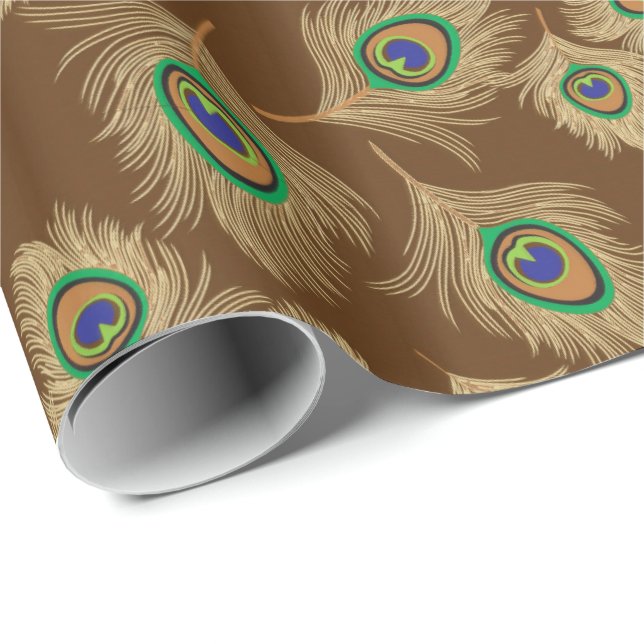 Papier Cadeau Plumes de paon beige au chocolat Brown (Coin rond)