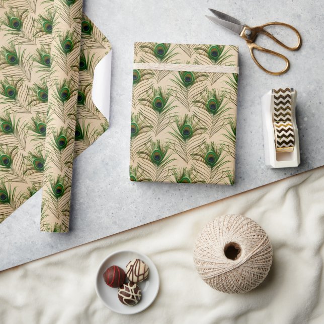Papier Cadeau Plumes de paon beige vert (Artisanat)