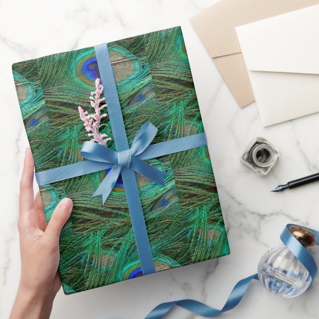 Papier Cadeau Plumes de paon bleu indien (Cadeaux)