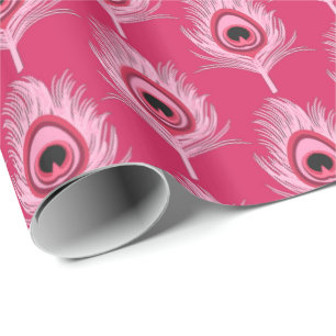 Papier Cadeau Plumes de paon, rose en pastel sur le rose fuchsia