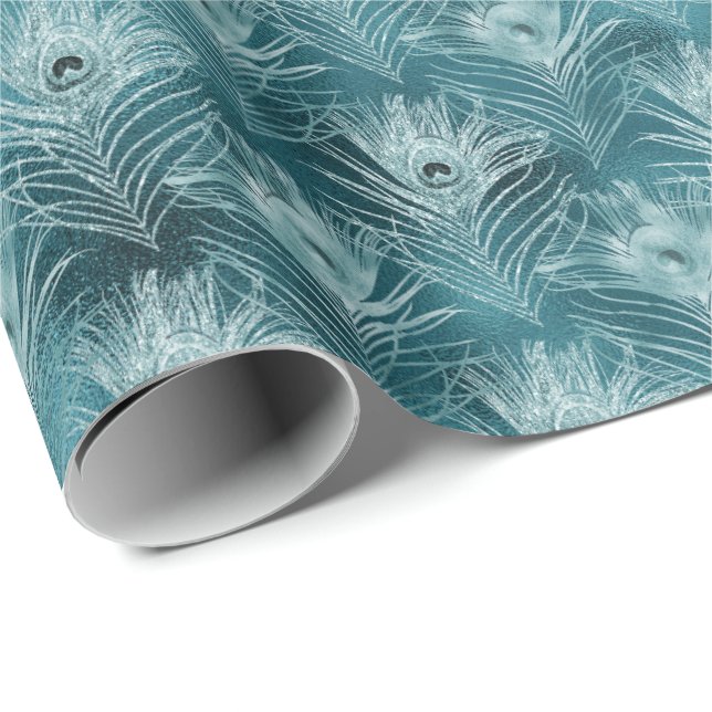 Papier Cadeau Plumes de paon Turquoise (Coin rond)