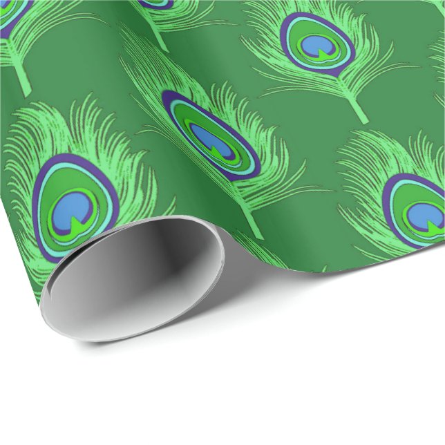 Papier Cadeau Plumes de paon, vert citron sur vert émeraude (Coin rond)