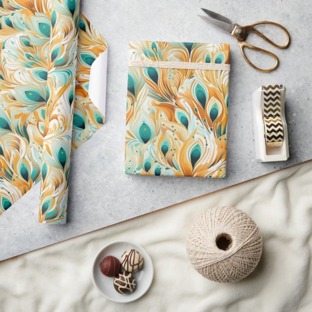 Papier Cadeau Plumes de Peacock Turquoise Tropical (Artisanat)