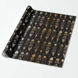 Papier Cadeau Plumes d'or texturées dans le style tribal. Inséab