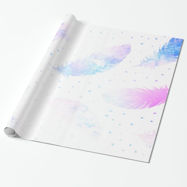 Papier Cadeau *~* Plumes magenta bleu Ombre sur blanc (Déroulé)