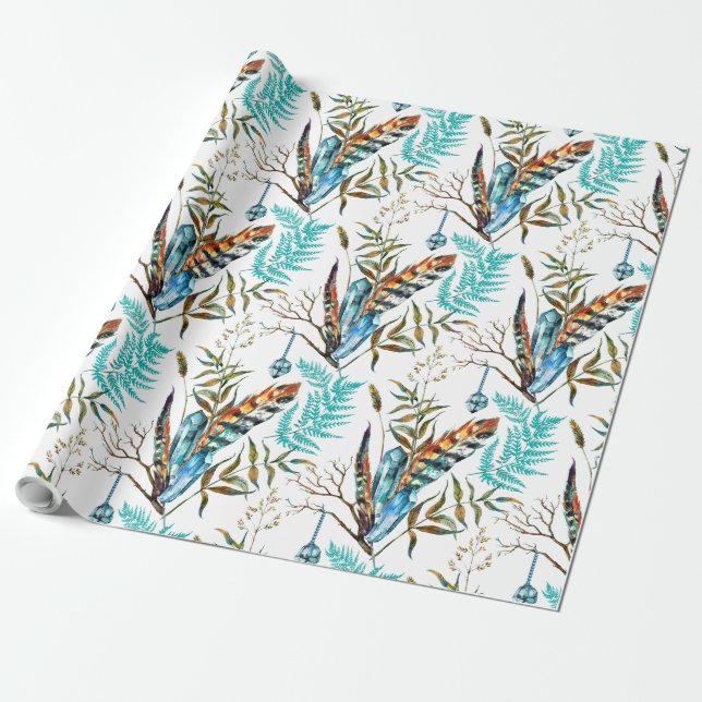 Papier Cadeau Plumes tribales et Motif cristal bleu suspendu (Déroulé)
