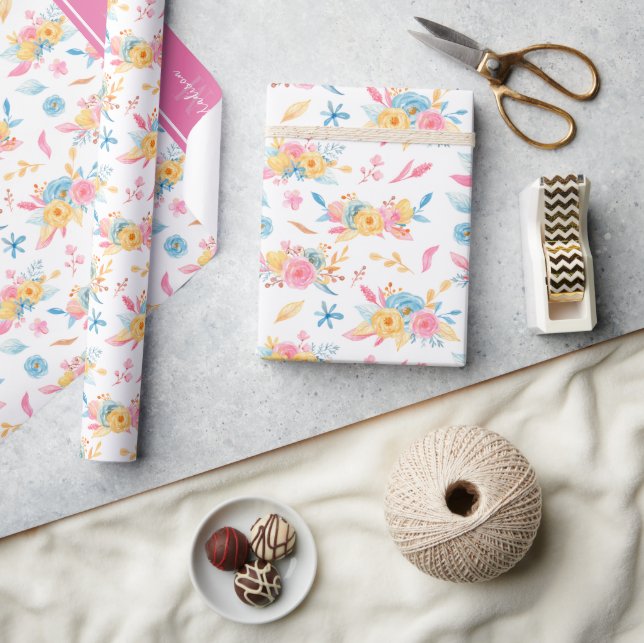 Papier Cadeau Plutôt rose Motif Floral Monogramme (Artisanat)