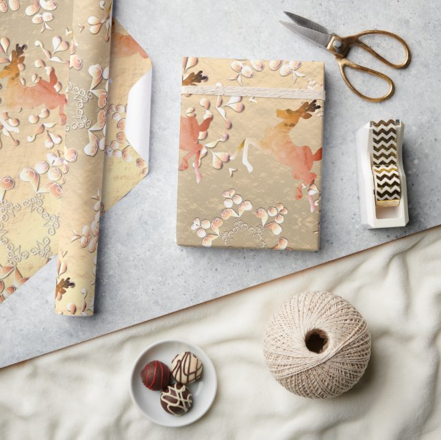 Papier Cadeau Pneus de rennes de vacances sur l'or Rose (Artisanat)