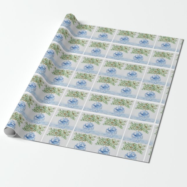 Papier Cadeau Poignées peintes à la main de pots de gingembre bl (Déroulé)