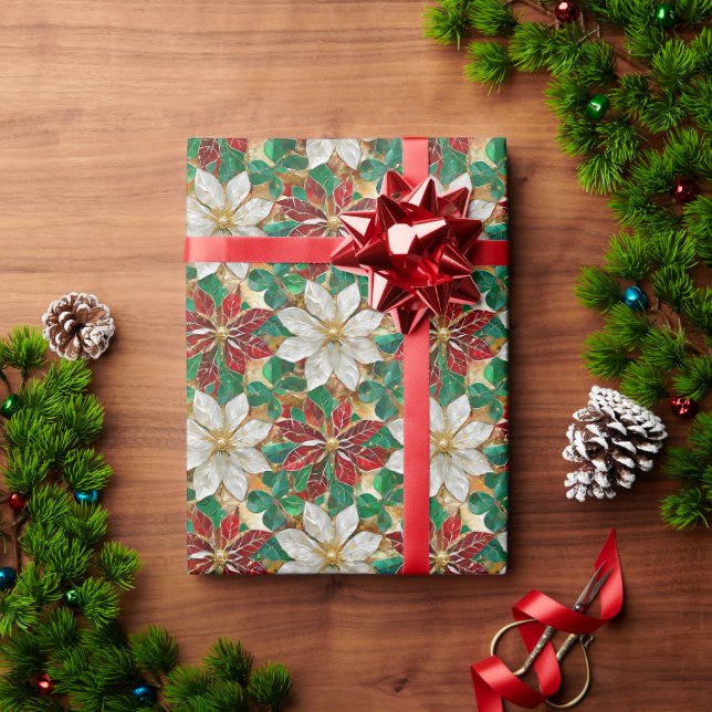 Papier Cadeau Poinsététie blanche rouge vert or (Cadeau de vacances)