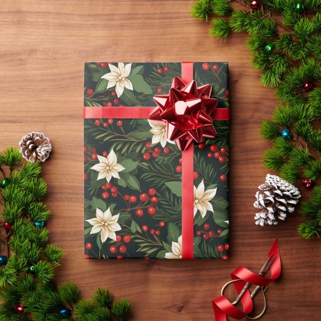 Papier Cadeau Poinsettia blanche et Berries de la Holly Rouge (Cadeau de vacances)