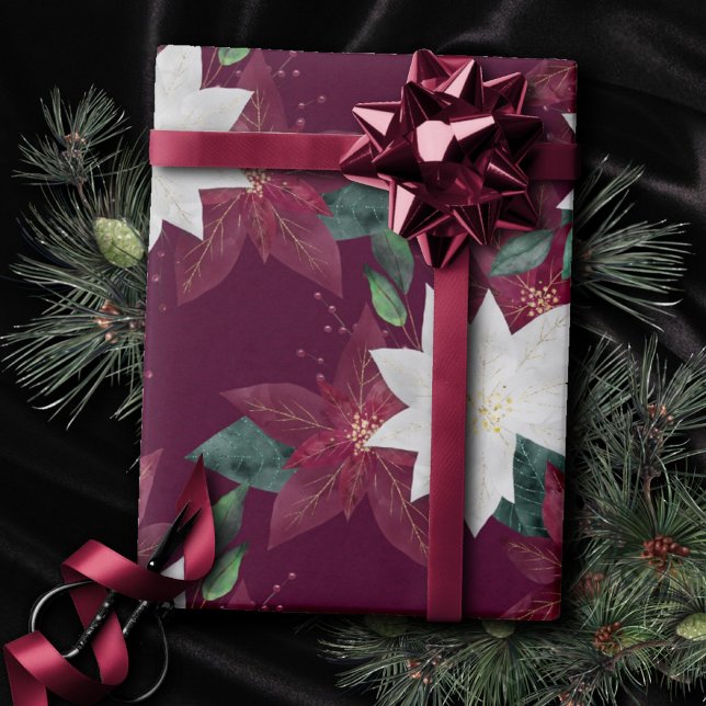 Papier Cadeau Poinsettia Bourgogne et Turquoise vacances d'hiver (Créateur téléchargé)