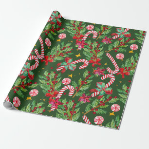Papier Cadeau Poinsettia de Noël festif, baie de houx, bonbon  