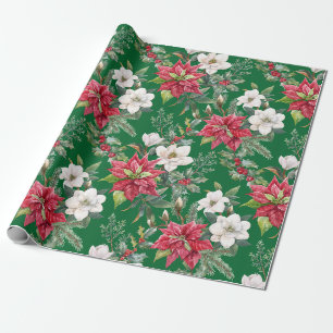 Papier Cadeau Poinsettia de Noël, fleurs et baies de camélia