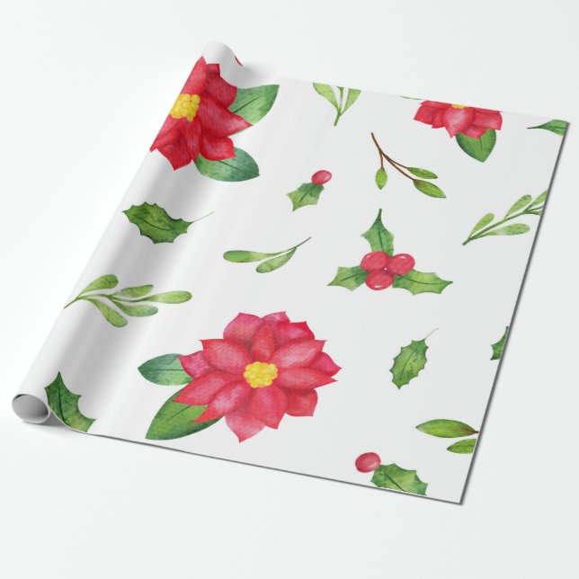 Papier Cadeau Poinsettia & Holly Christmas Wrapper Paper (Déroulé)