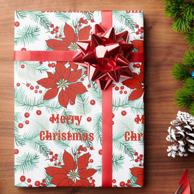 Papier Cadeau Poinsettia Noël Rouge et Vert Classique (Créateur téléchargé)