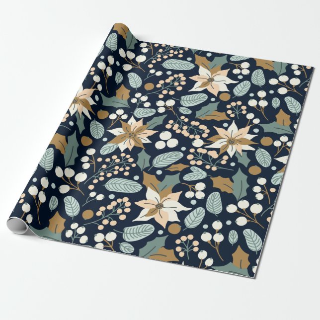 Papier Cadeau Poinsettia noir arrière - plan vacances hiver wrap (Déroulé)
