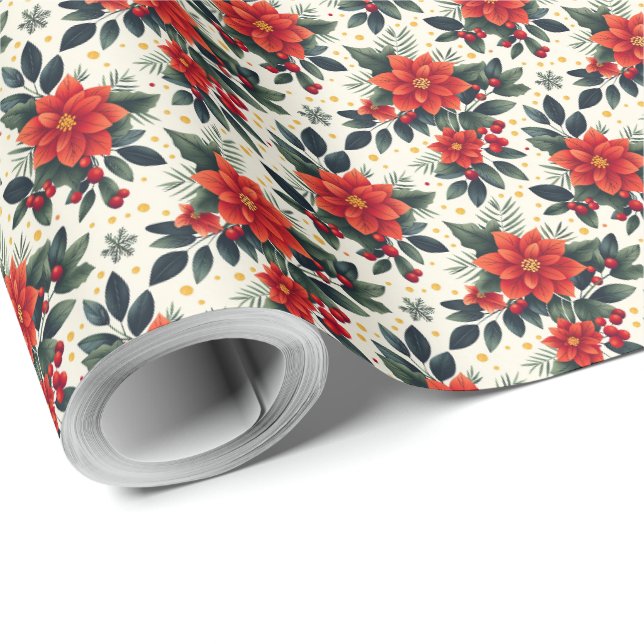 Papier Cadeau Poinsettia rouge avec flocons de neige Enveloppeme (Coin rond)