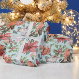 Papier Cadeau Poinsettia Rouge Cardinal Oiseaux Noël Vintage