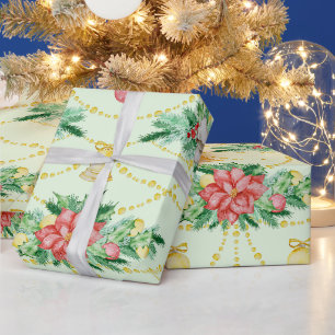 Papier Cadeau Poinsettia rouge de Noël à l'aquarelle, ornements