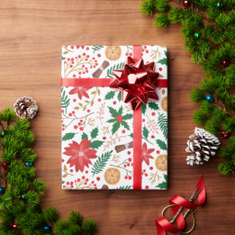 Papier Cadeau Poinsettia Rouge Élégant Baie d'Hiver Noël