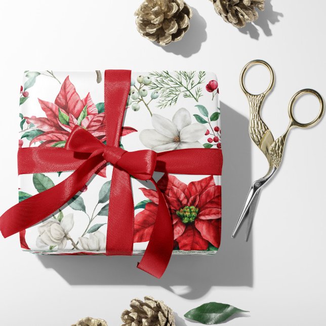 Papier Cadeau Poinsettia rouge et blanche, Berries, Noël saint (Red and White Poinsettia Traditional Christmas Wrapping Paper)