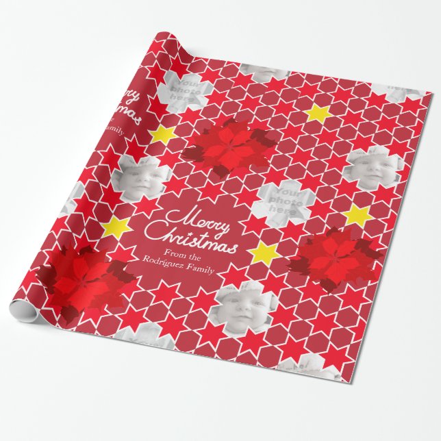Papier Cadeau Poinsettia Star motif rouge photo de famille de No (Déroulé)