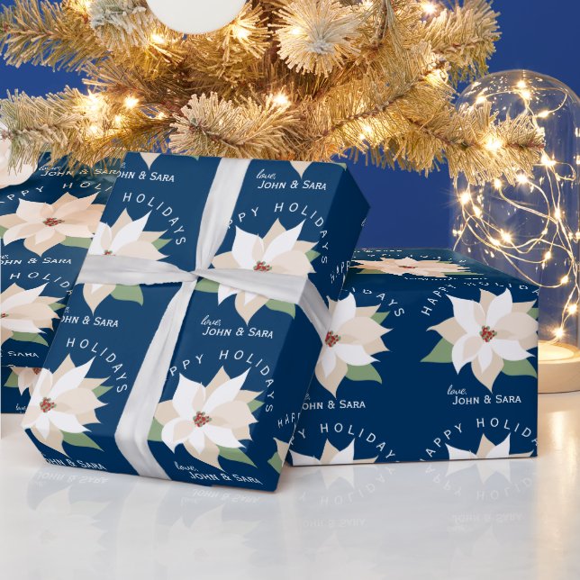 Papier Cadeau Poinsettias blanches sur le bleu foncé, Joyeuses f (Vacances)