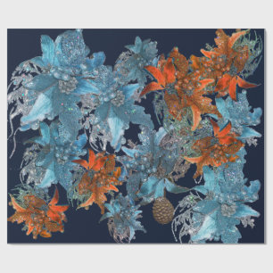 PAPIER CADEAU POINSETTIAS BLEU ROUGE, ÉTOILES DE NOËL EN ÉCLAIRA