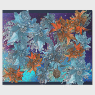 PAPIER CADEAU POINSETTIAS BLEU ROUGE, ÉTOILES DE NOËL EN ÉCLAIRA