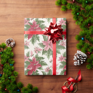 Papier Cadeau Poinsettias de Noël rose et rouge