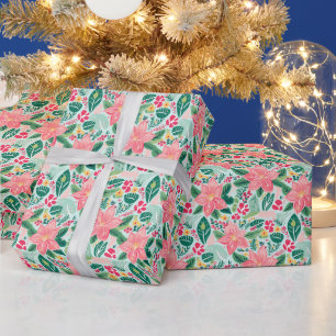 Papier Cadeau Poinsettias de Noël rose et vert
