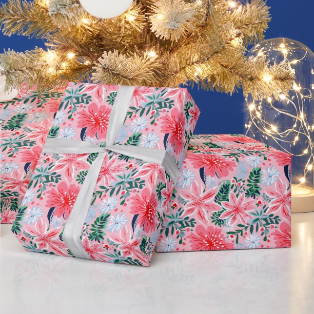 Papier Cadeau Poinsettias de Noël rose et vert (Vacances)