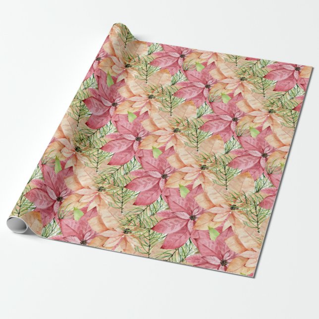 Papier Cadeau Poinsettias et aiguilles de pin (Déroulé)