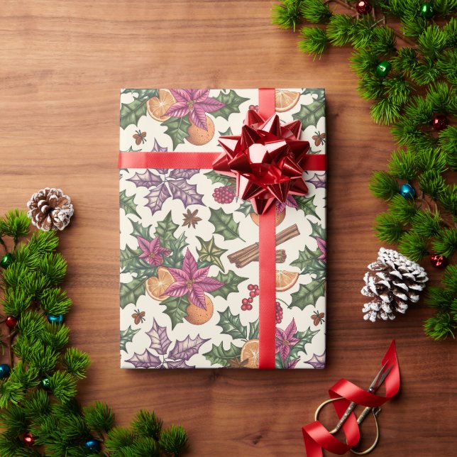 Papier Cadeau Poinsettias, Oranges, Motif de Noël Berry (Cadeau de vacances)