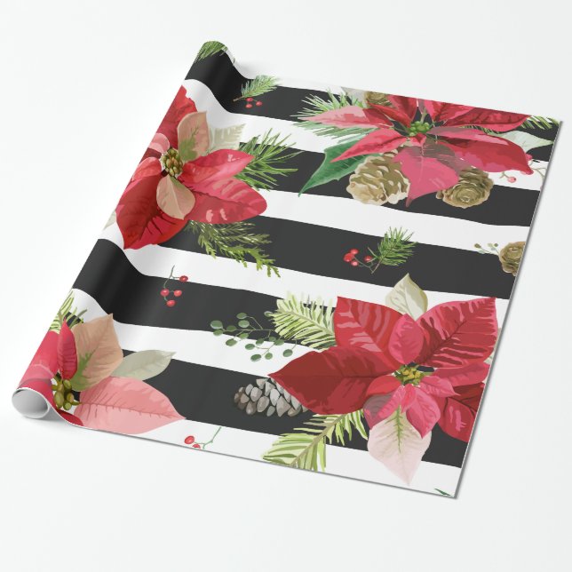 Papier Cadeau Poinsettias, papier d'emballage rayé noir (Déroulé)