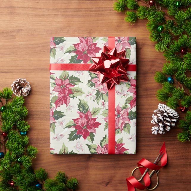 Papier Cadeau Poinsettias roses sur Arrière - plan crème (Cadeau de vacances)