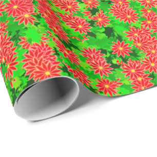Papier Cadeau Poinsettias rouges et Holly vertes