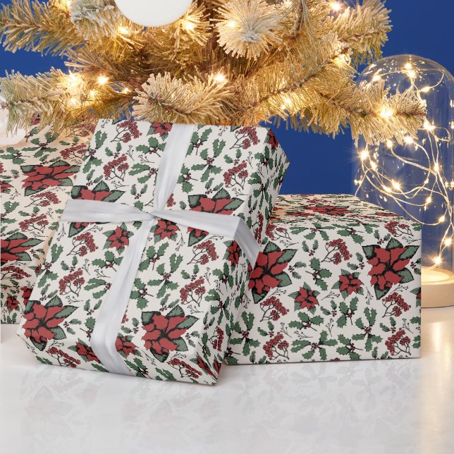 Papier Cadeau Poinsettias rouges saisonnières et baies ivoire (Vacances)