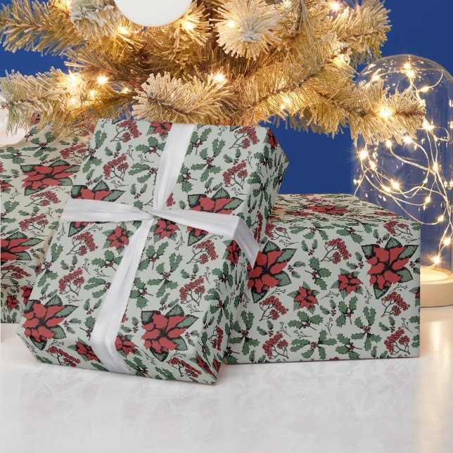 Papier Cadeau Poinsettias rouges saisonnières et Berries vert (Vacances)